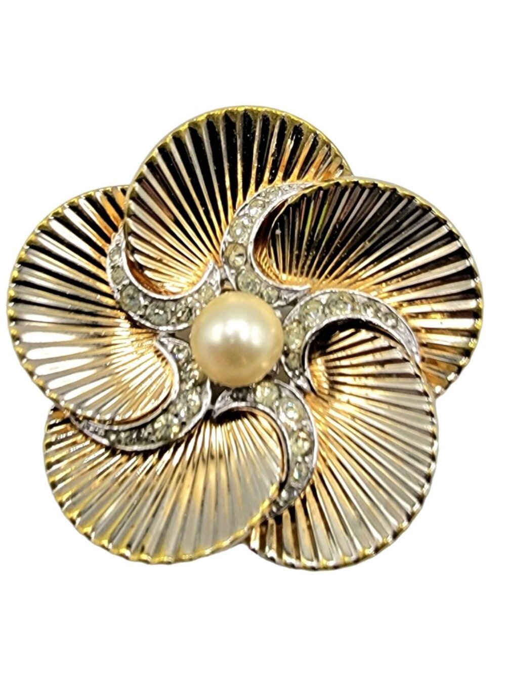 Boucher Gold Tone Clear Rhinestone Round Accordion Crimp Brooch Signed Numbered